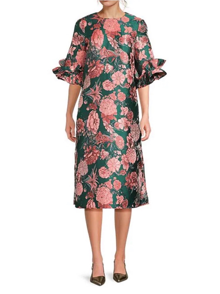 Bronwyn Jacquard Ruffle Crew Neckline 3/4 Sleeve Shift Midi Dress
